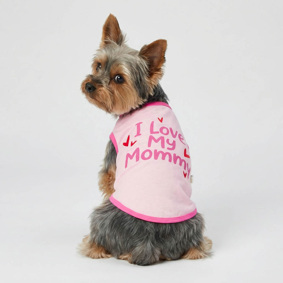Pink dog shirt with 'I Love My Mommy' text and heart graphics. Soft, lightweight fabric.