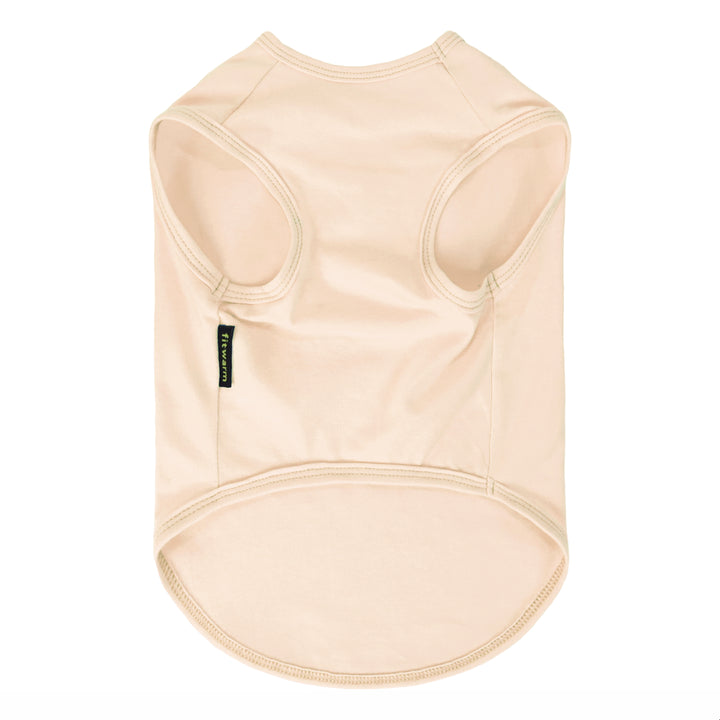 Light beige dog tank top shown from the back, featuring a curved hem and a small black brand tag on the left side