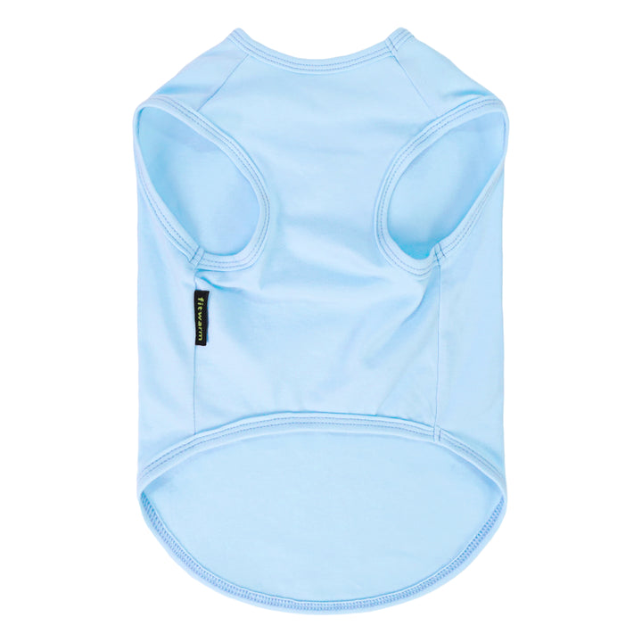 Light blue Hawaiian dog tank top on a white background