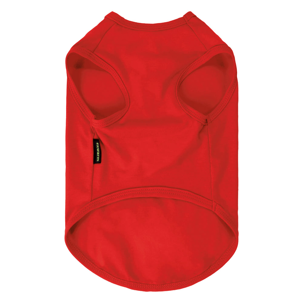 Bright red Halloween dog shirts shown from the back, and a curved hem, with a small black brand tag on the side
