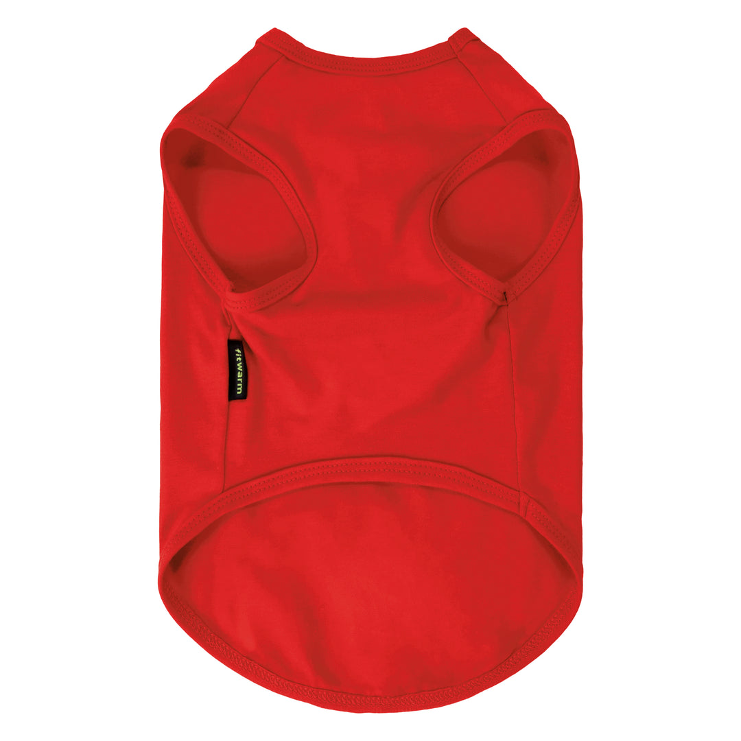 Bright red Halloween dog shirts shown from the back, and a curved hem, with a small black brand tag on the side