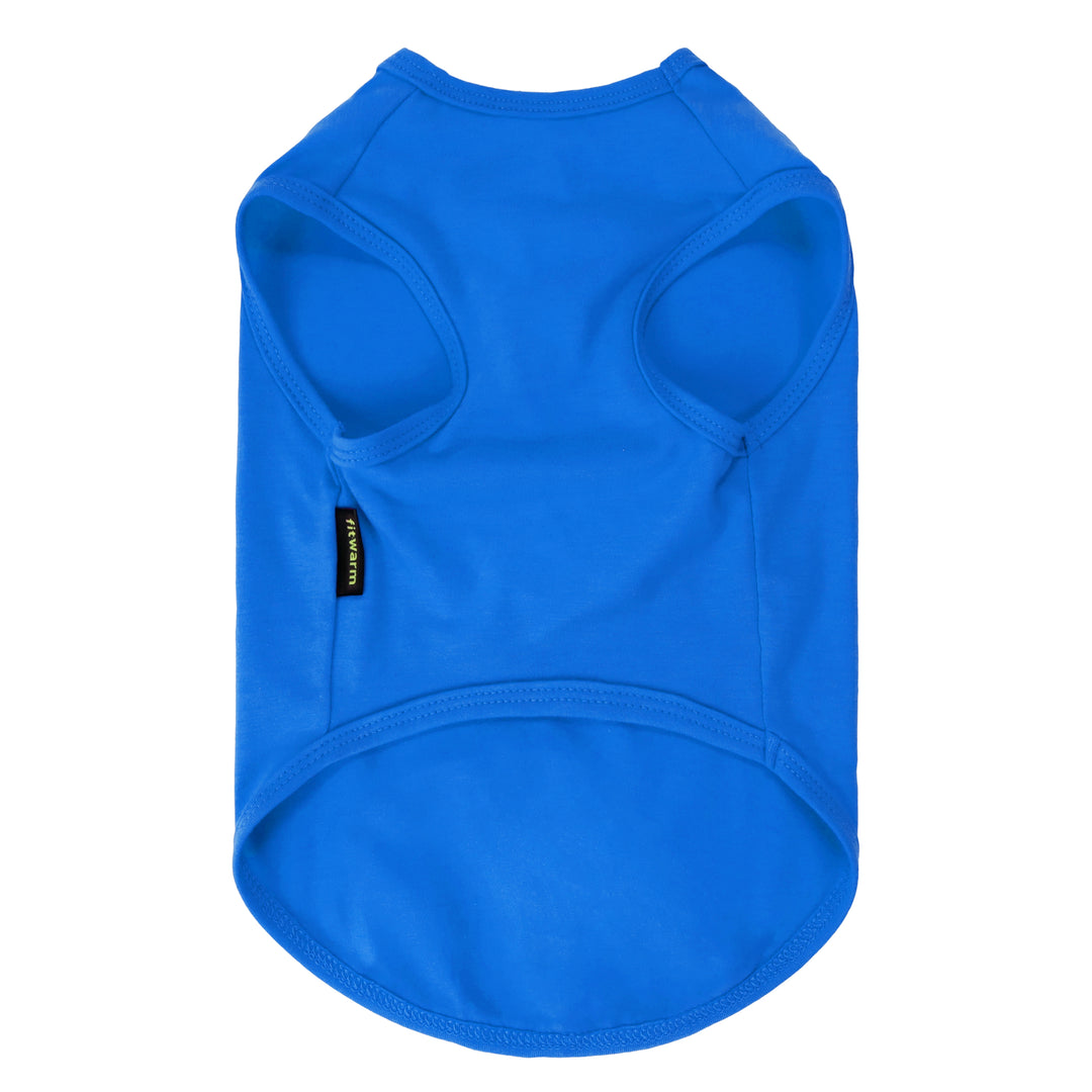 Blue dog tank top with a brand tag on a white background