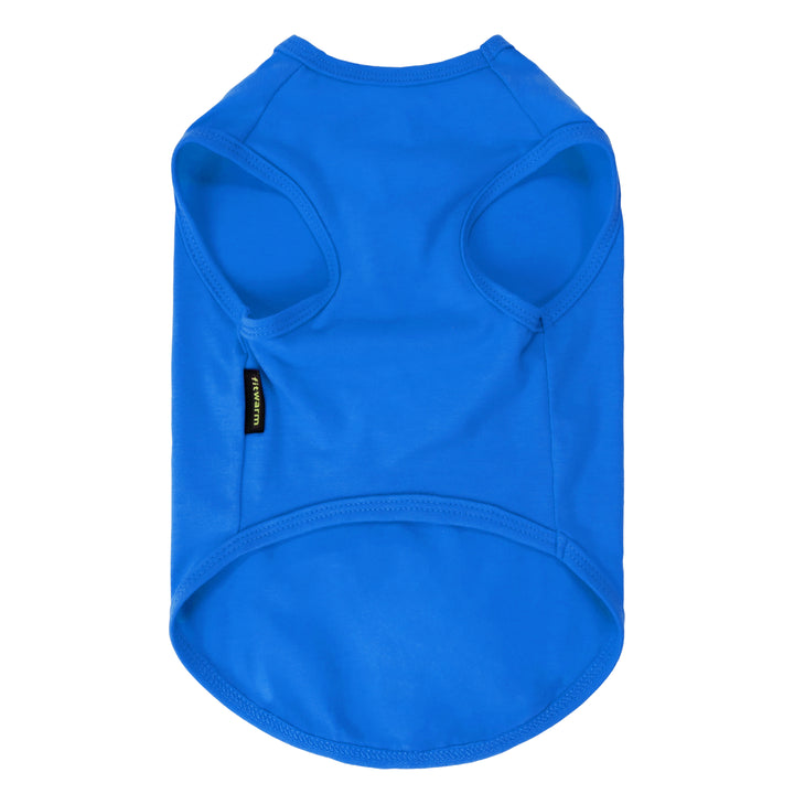 Blue dog tank top with a brand tag on a white background