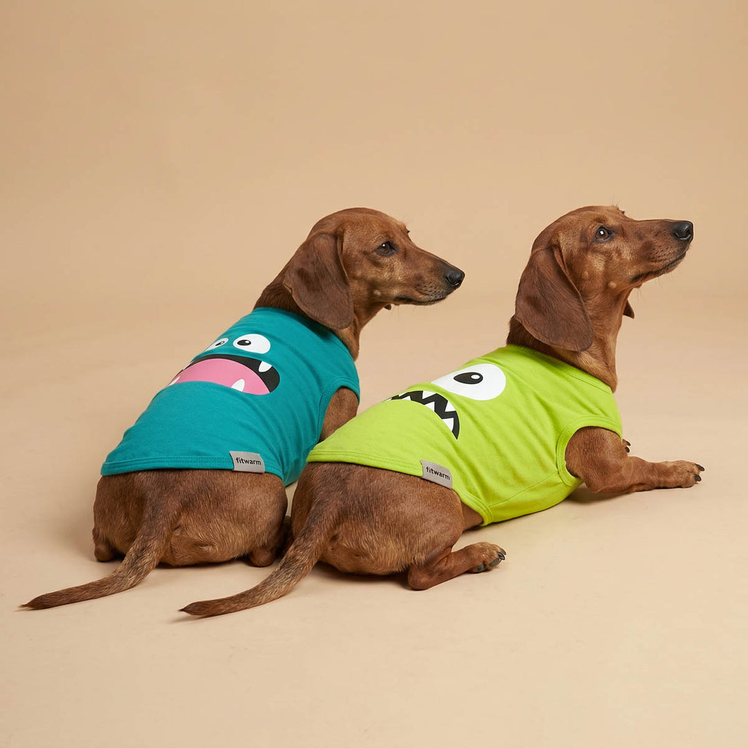 Dachshunds wearing a funny dog tank tops with funny monster prints