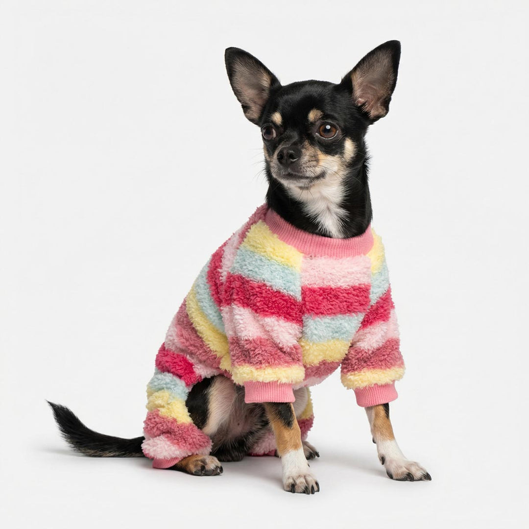 Striped dog jammies worn by small dog with plush fleece texture