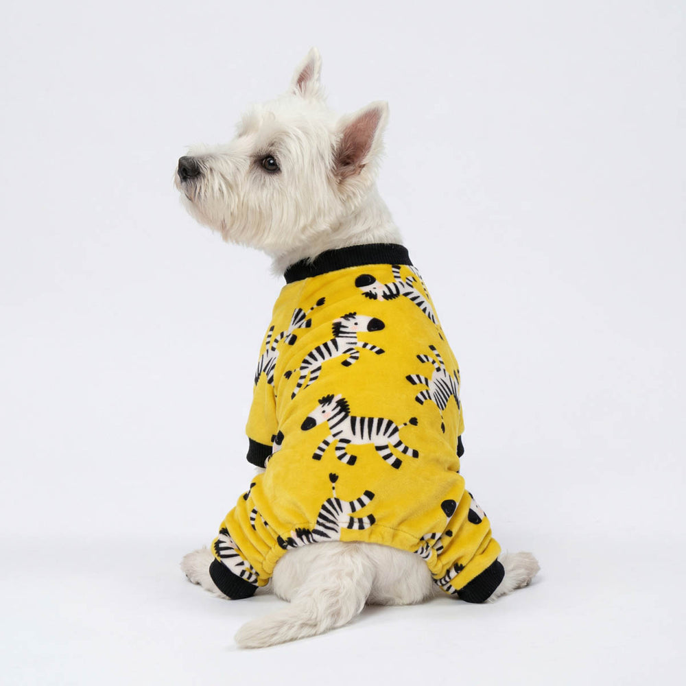 White dog dressed in yellow dog pajamas with playful animal print