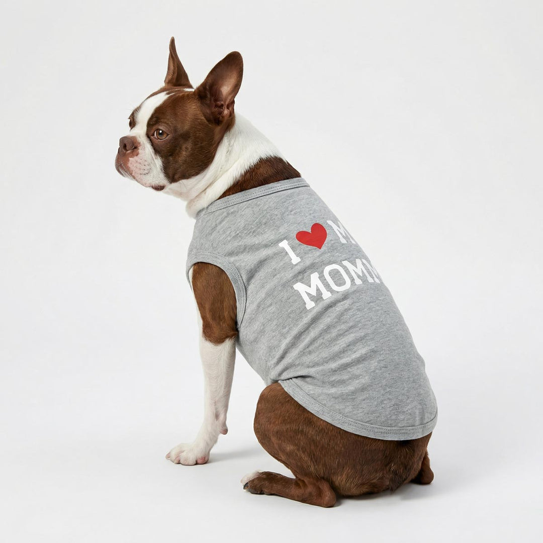 French Bulldog posing on white background wearing a dog tank top with “I Love My Mommy”