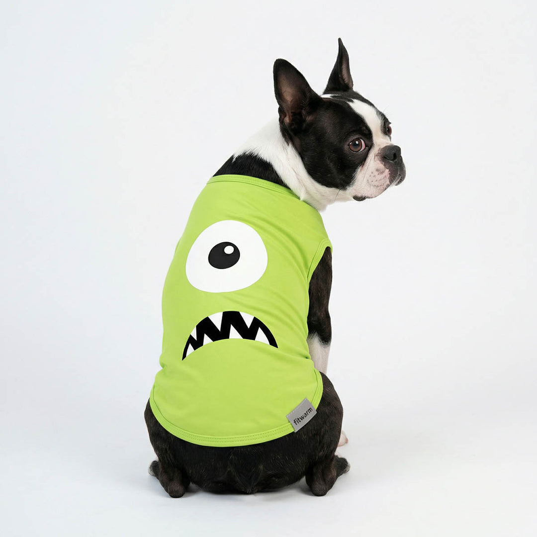 Dog wearing sleeveless dog tank top with one eye monster print