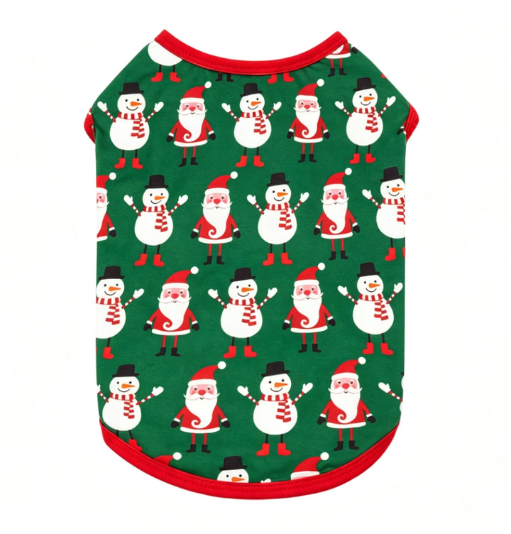 Green shirt for dogs with an all-over Christmas print featuring Santa Claus and snowmen, shown flat against a white background