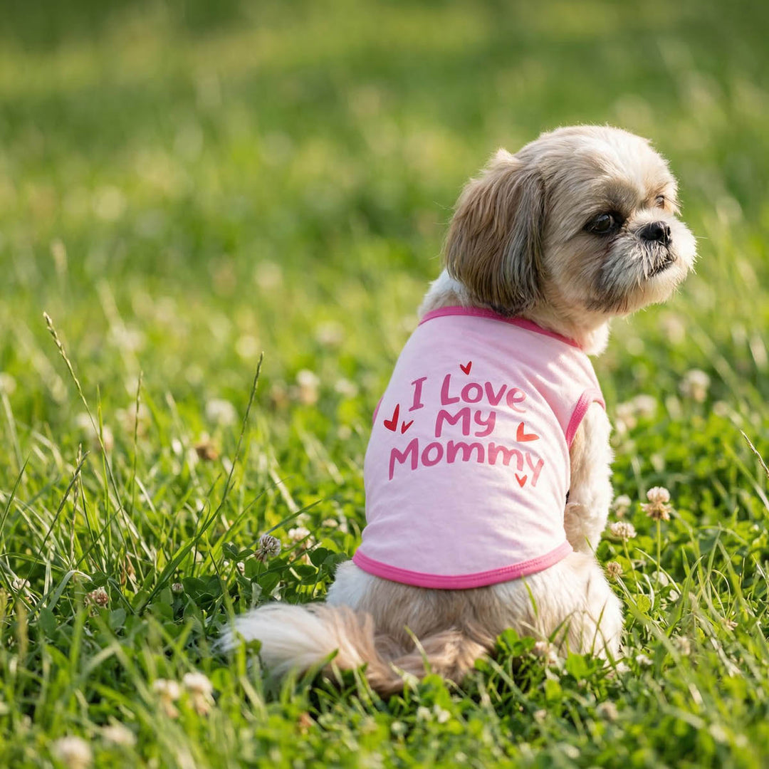 Soft pink 'I Love My Mommy' dog summer shirt with heart graphic, worn by small dog.