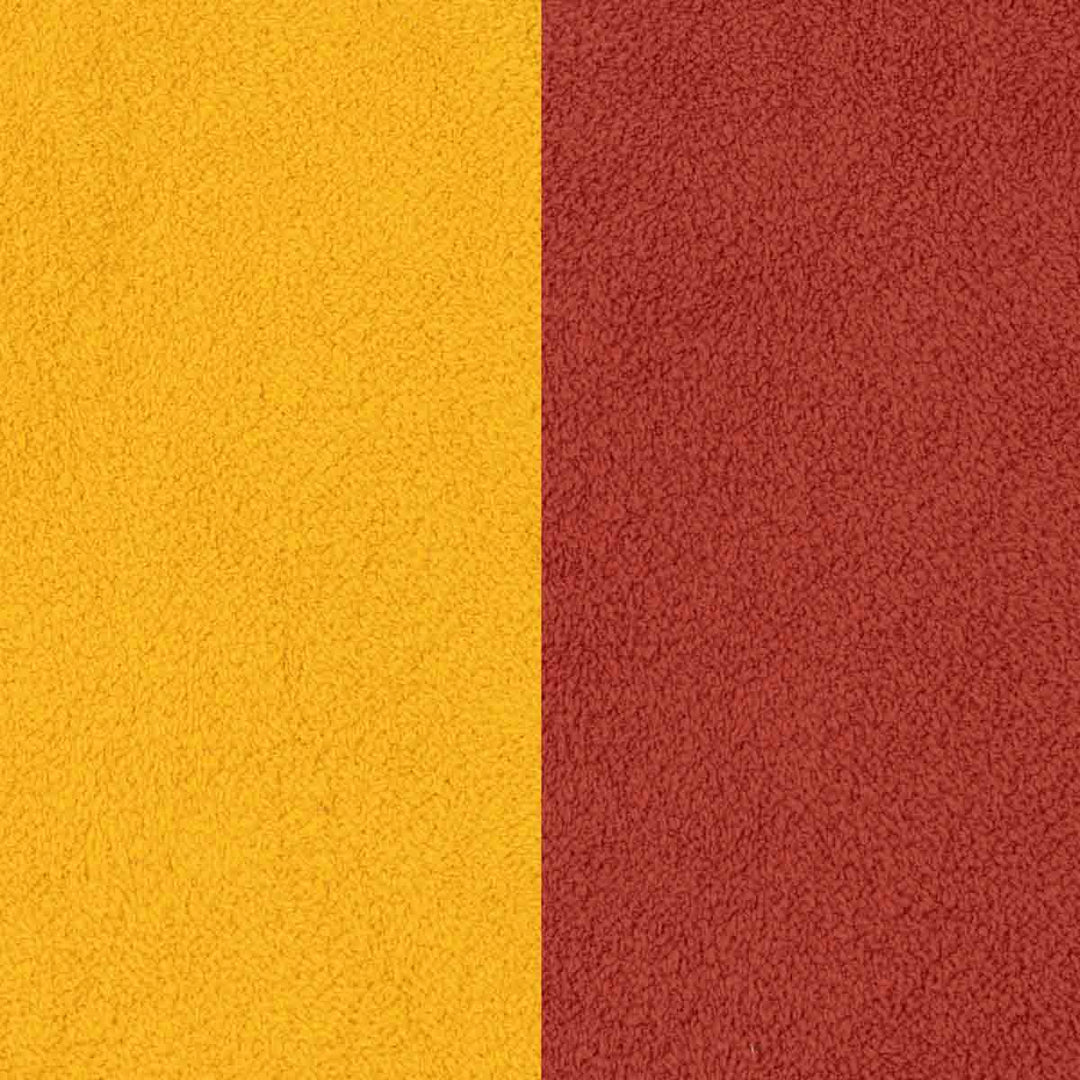 Close-up color swatch showing two vertical textured panels: a bright golden yellow on the left and a muted brick red on the right