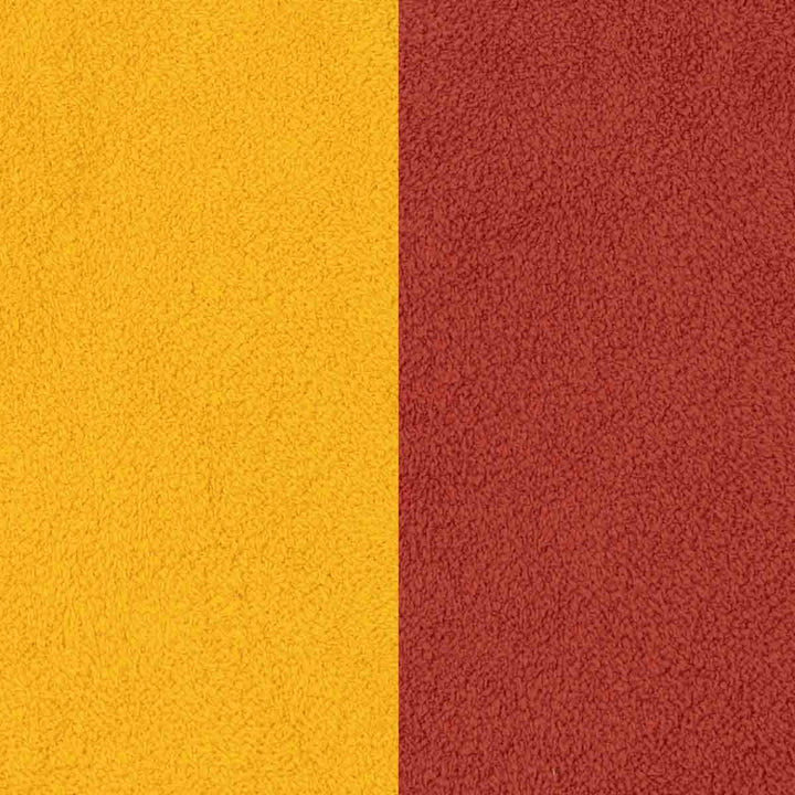 Close-up color swatch showing two vertical textured panels: a bright golden yellow on the left and a muted brick red on the right