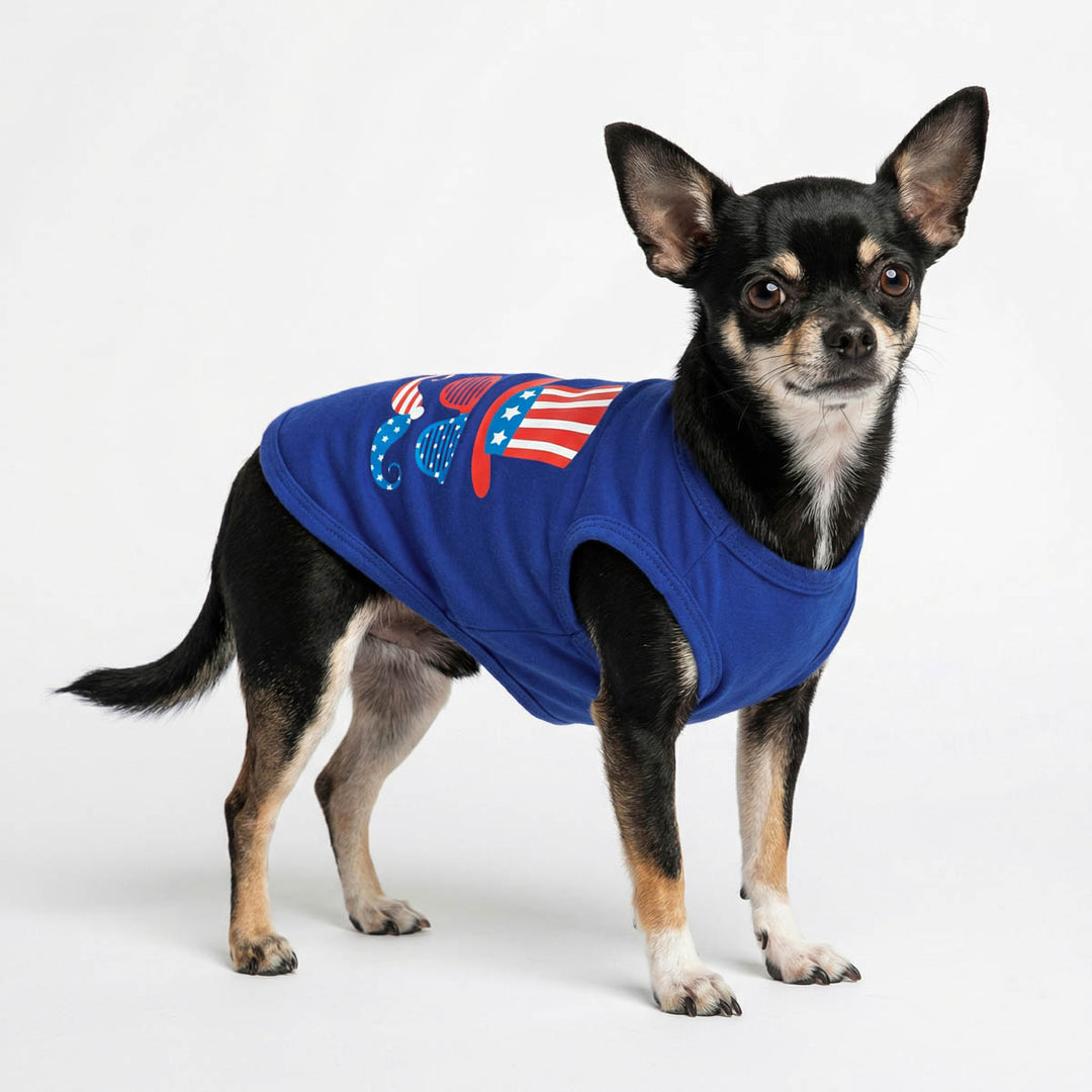French Bulldog modeling a patriotic dog tank top with fun 4 of July themed design
