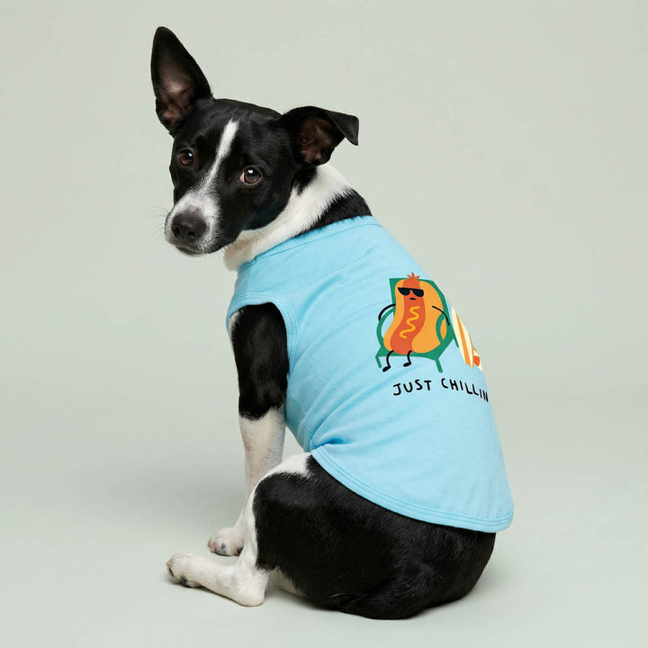 Dog in a dog shirt with a hot dog sit on chair and 'Just Chillin' lettering