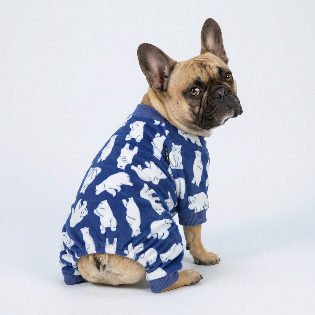 Back view of French Bulldog wearing polar bear dog pajamas