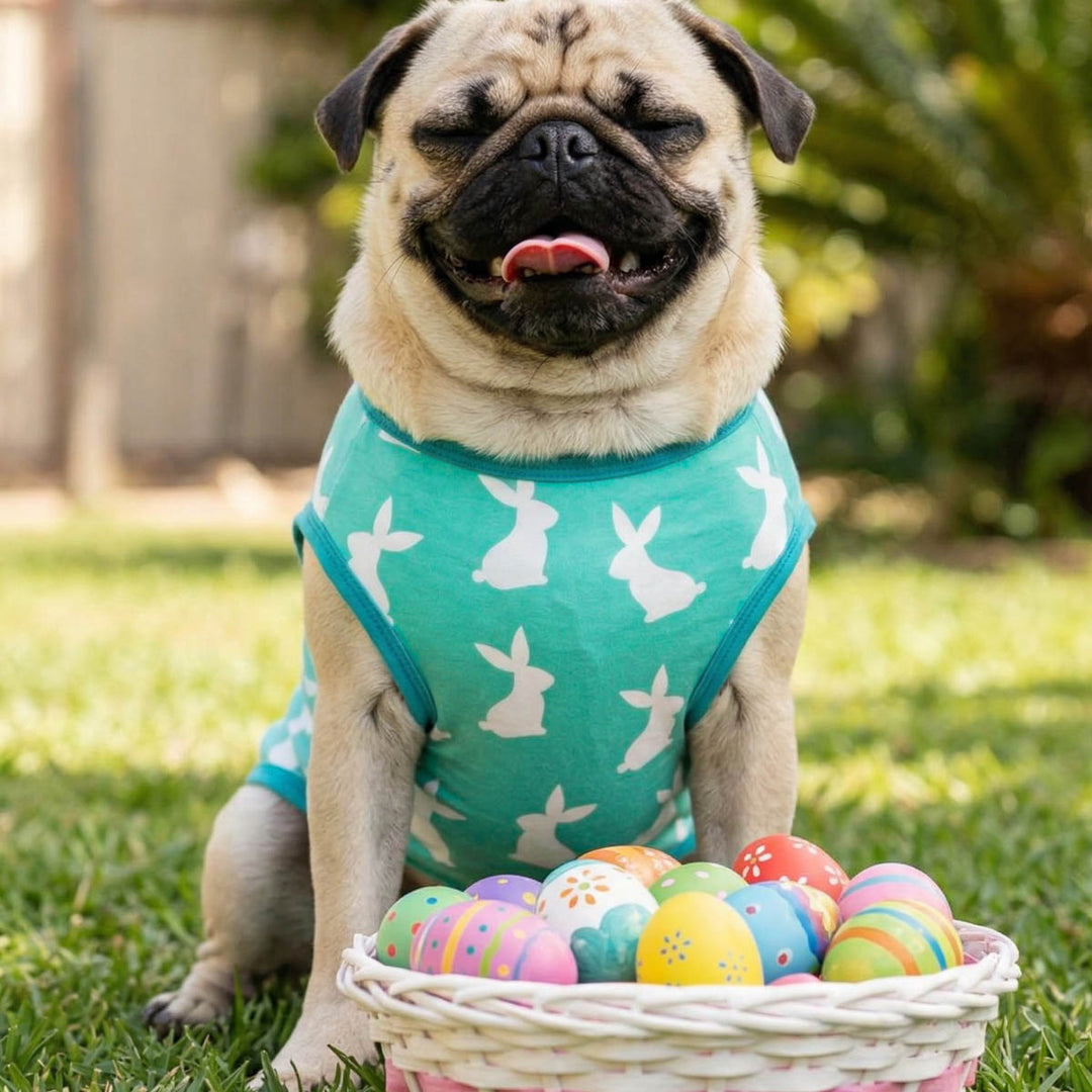 Dog wearing an Easter bunny dog tank top sitting beside a basket of colorful Easter eggs