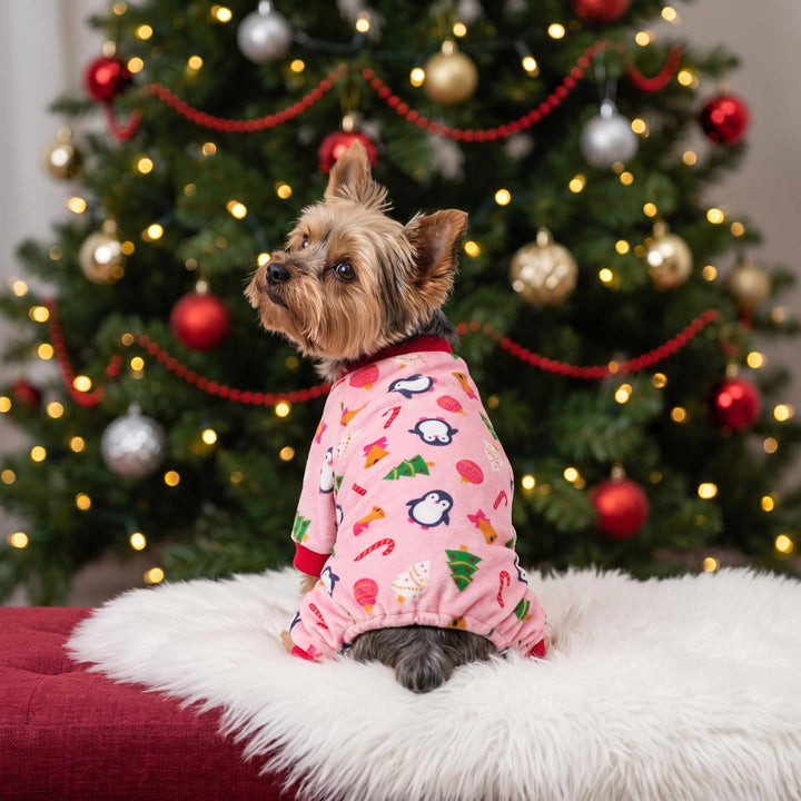 Back view of Yorkie wearing a Christmas pajamas for dogs and sitting in front of a Christmas tree