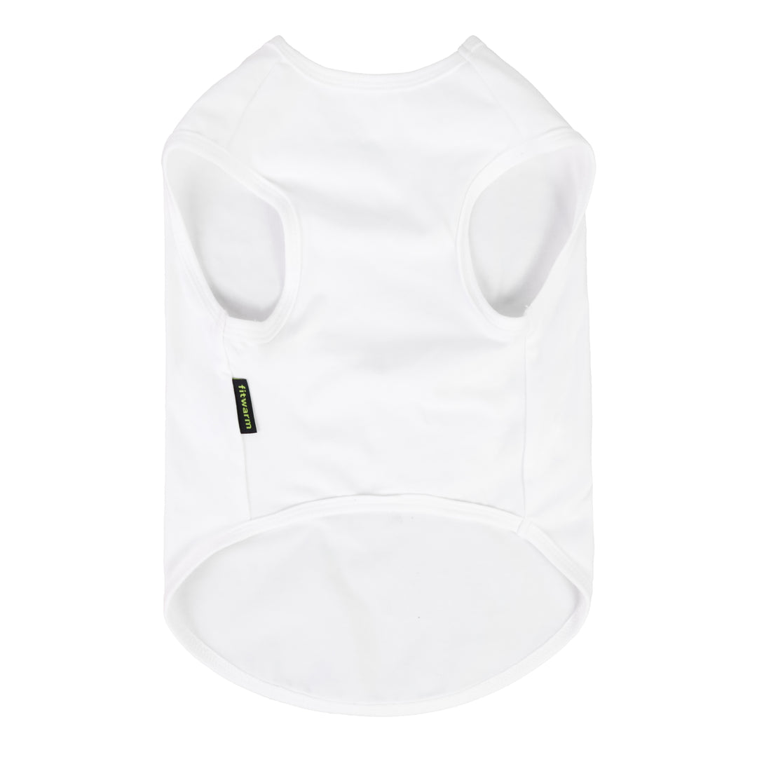White sleeveless shirt for dogs with a brand logo on a white background
