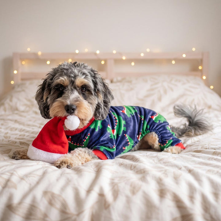 Small dog lying on the bed with a dog Christmas pajamas and santa hat in mouth