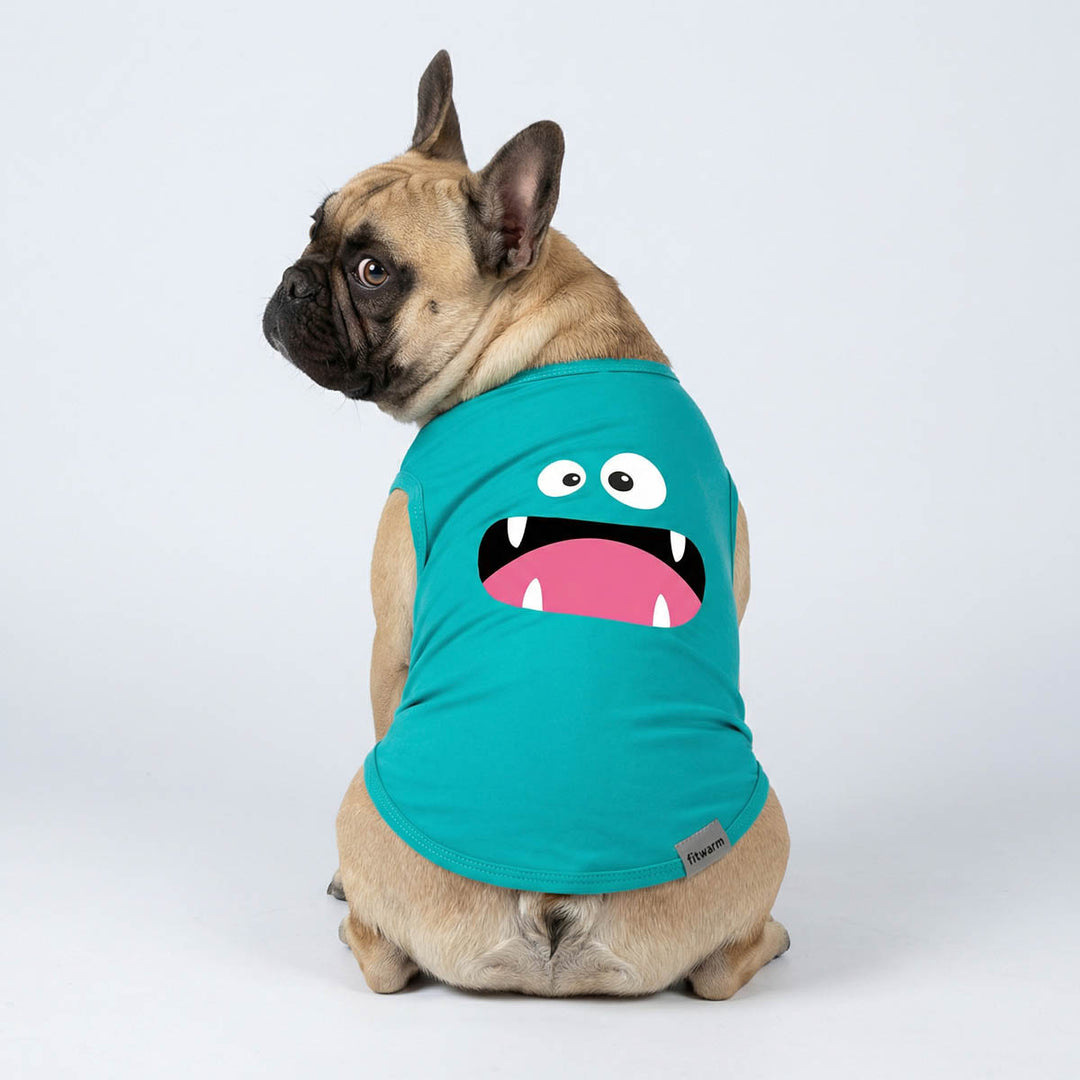 French Bulldog wearing a funny monster print dog tank top