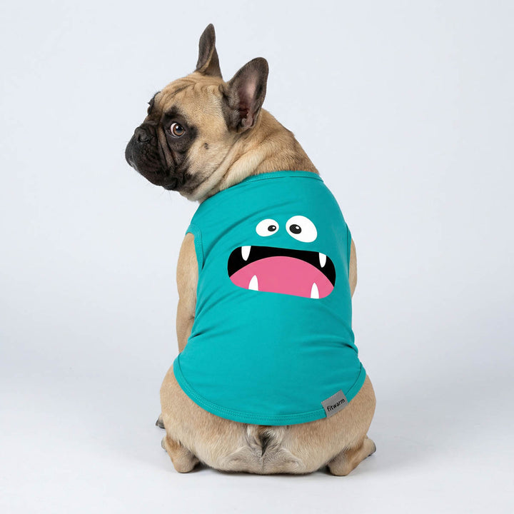 French Bulldog wearing a funny monster print dog tank top