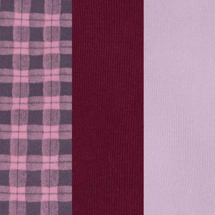 Three vertical fabric swatches side by side: a pink and gray plaid pattern on the left, a deep burgundy ribbed knit in the middle, and a light lavender solid on the right