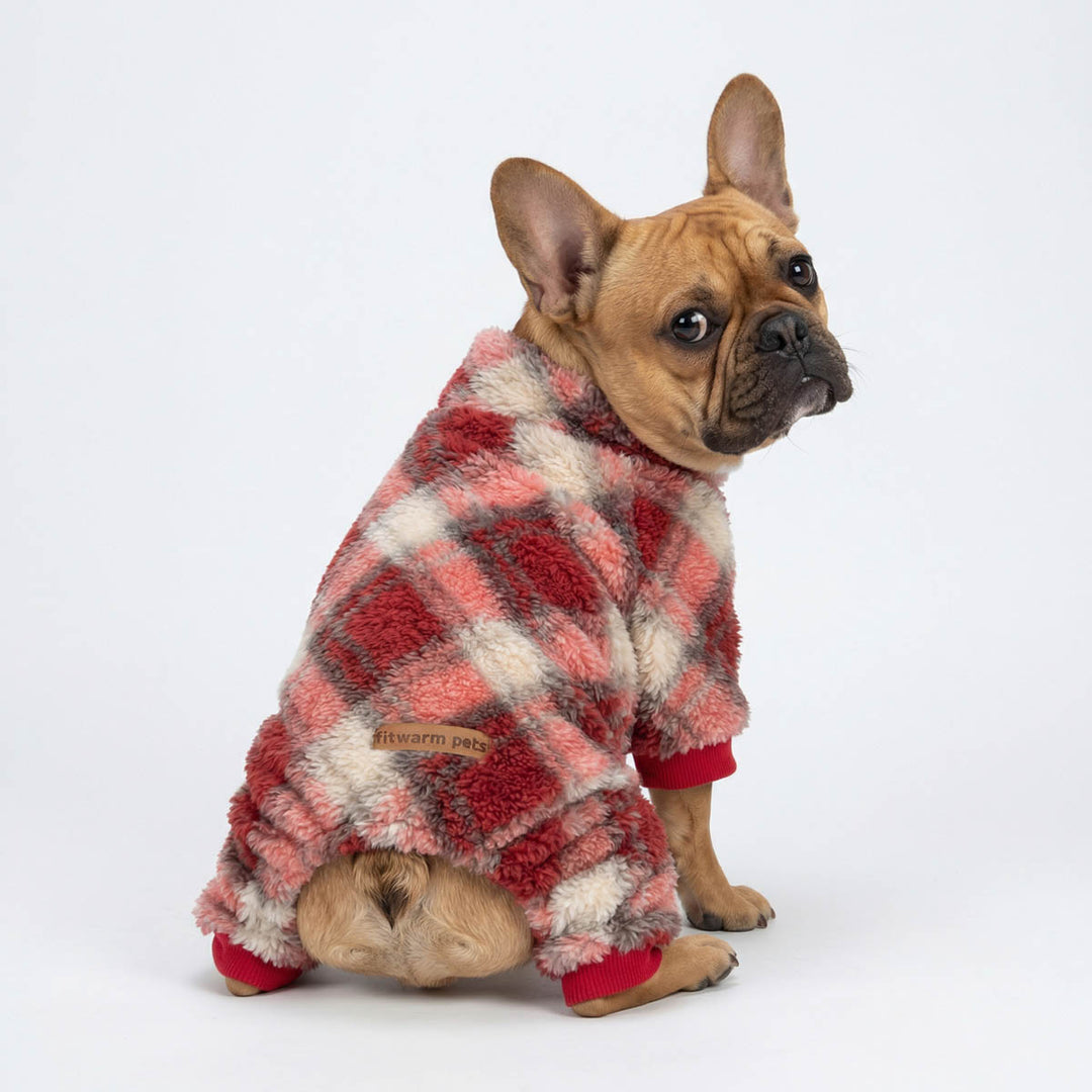 French Bulldog wearing a cozy collared neck dog pjs