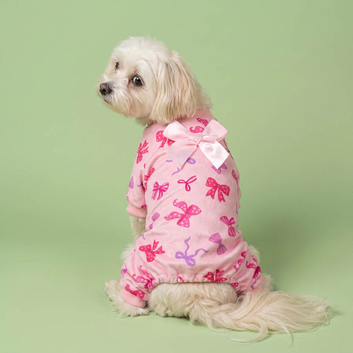 Back view of small dog in a bowknot dog jammies 