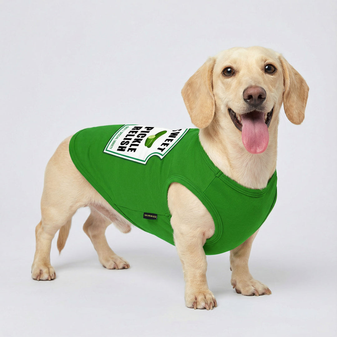 Happy dachshund standing and wearing a bright green shirt for dogs with a playful pickle relish graphic