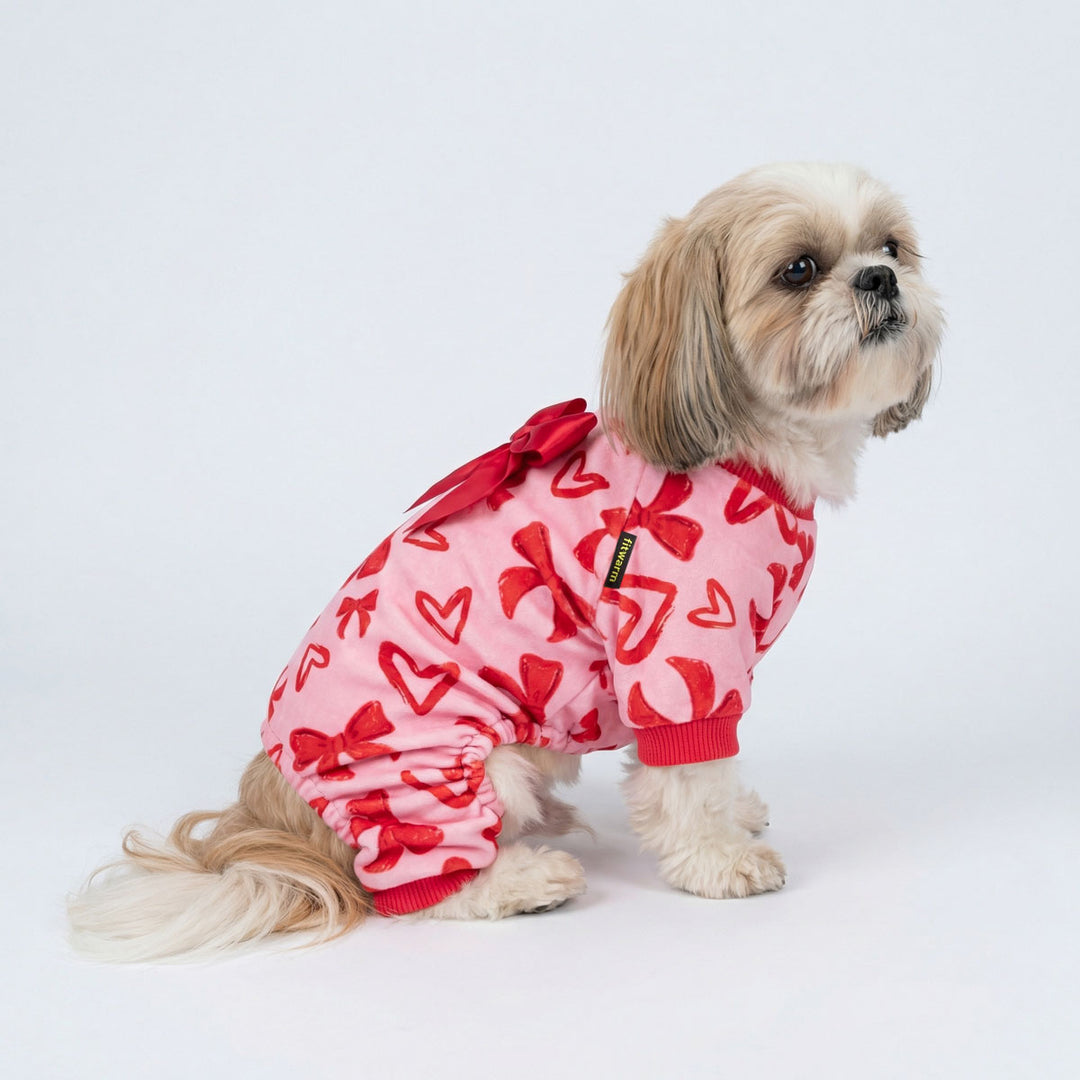 Shih Tzu in a cute dog pjs with heart and bowknot prints