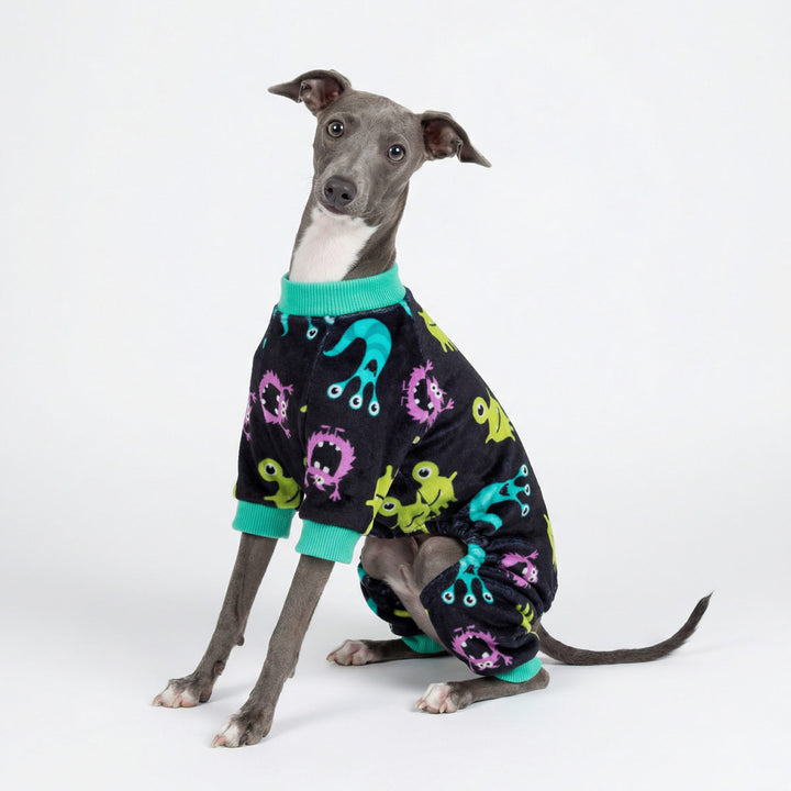 Italian Greyhound sitting and tilting head while wearing full body dog onesie with cartoon monster pattern