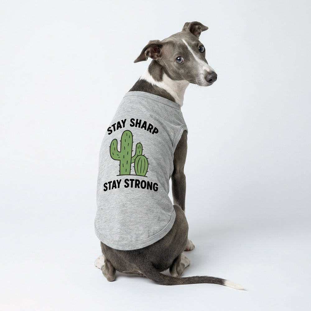 Dog wearing a gray sleeveless shirt for dogs with a cactus graphic and encouraging lettering
