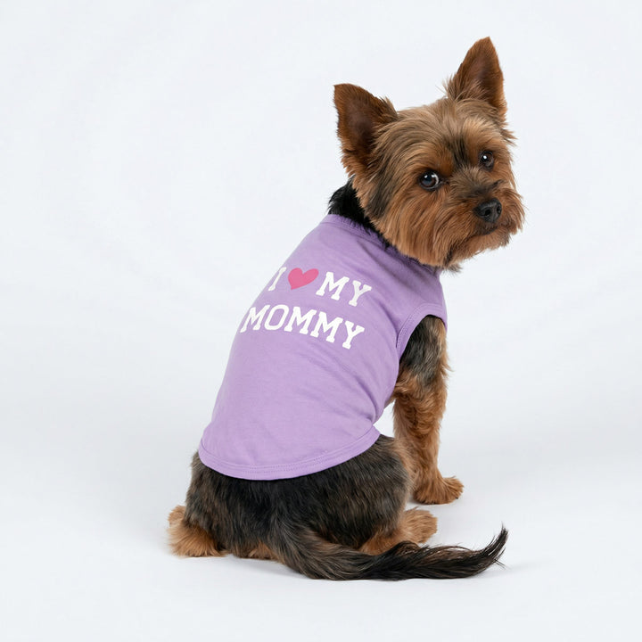 Small Yokrie wearing a purple shirt for dog with 'I love my mommy' lettering on a white background