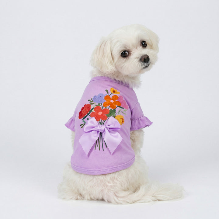 Small dog wearing a dog shirt with colorful flower print and bow detail