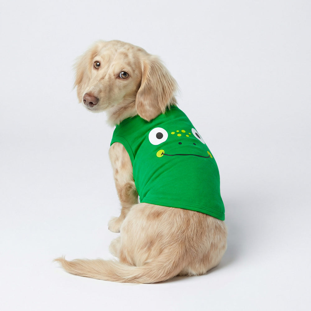 Cream-colored dachshund sitting in green dog tank top with cute frog face graphic