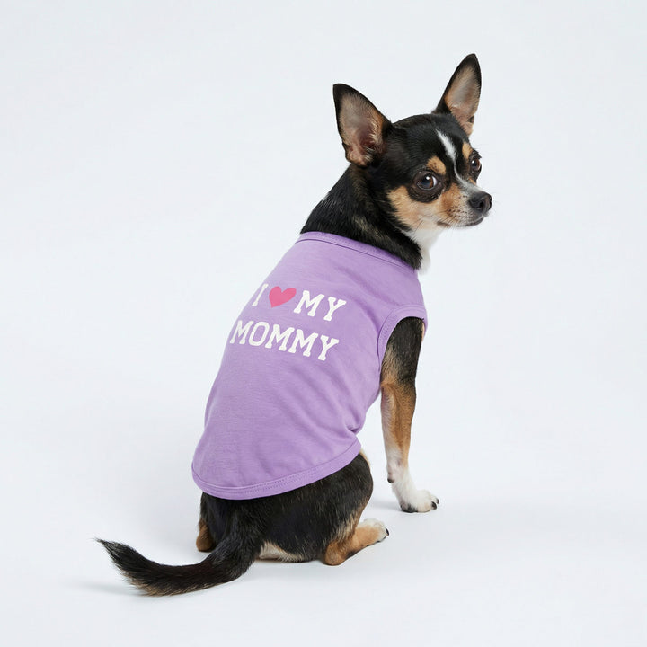Purple dog tank top with I love my mommy print worn by a Chihuahua