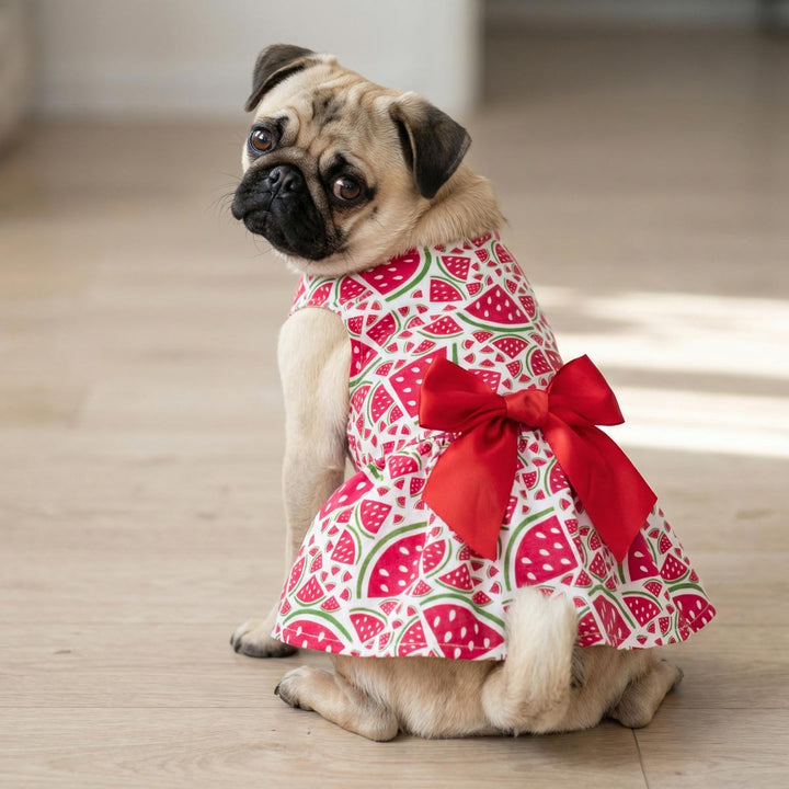 Pug styled in watermelon dog dress featuring bold fruit print and big bow