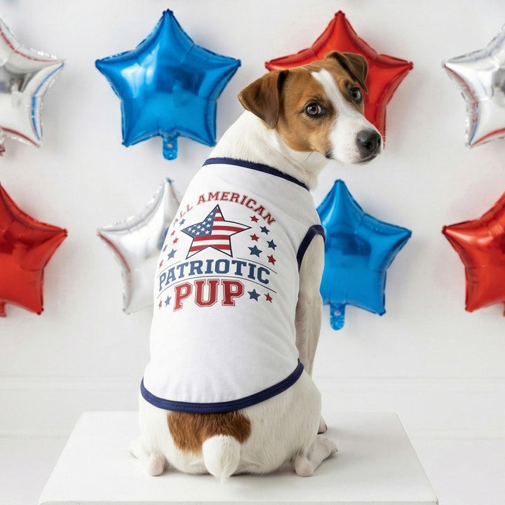 Dog wearing a 'Patriotic Pup' shirt for dogs with star-shaped balloons in the background