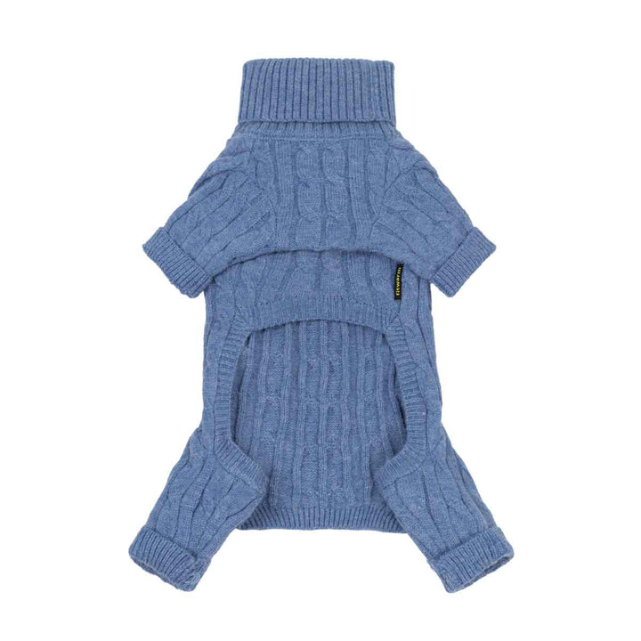 Blue dog knitted sweater with a turtleneck collar, short sleeves, and leg warmers, shown flat on a white background