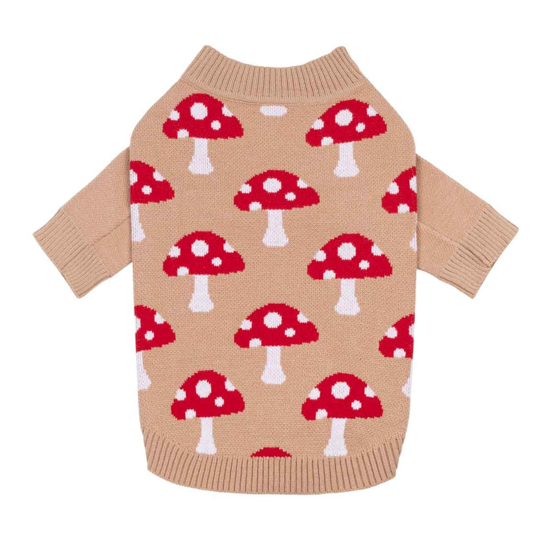 Beige knitted sweater for dogs with a red and white mushroom pattern, featuring long sleeves and ribbed collar, cuffs, and hem, shown on a plain white background