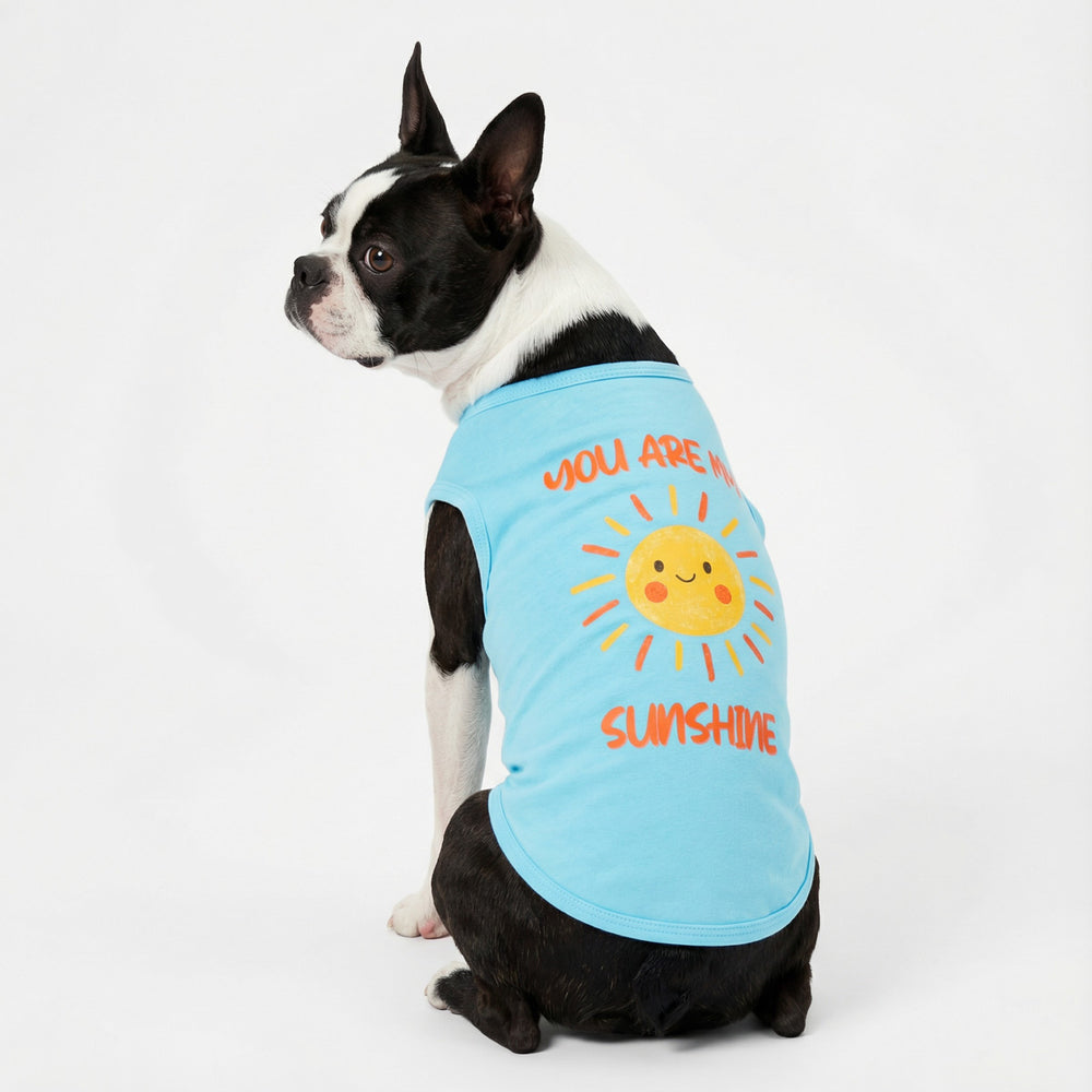 Blue dog shirt with "You Are My Sunshine" text and a smiling sun graphic. Perfect for dogs.