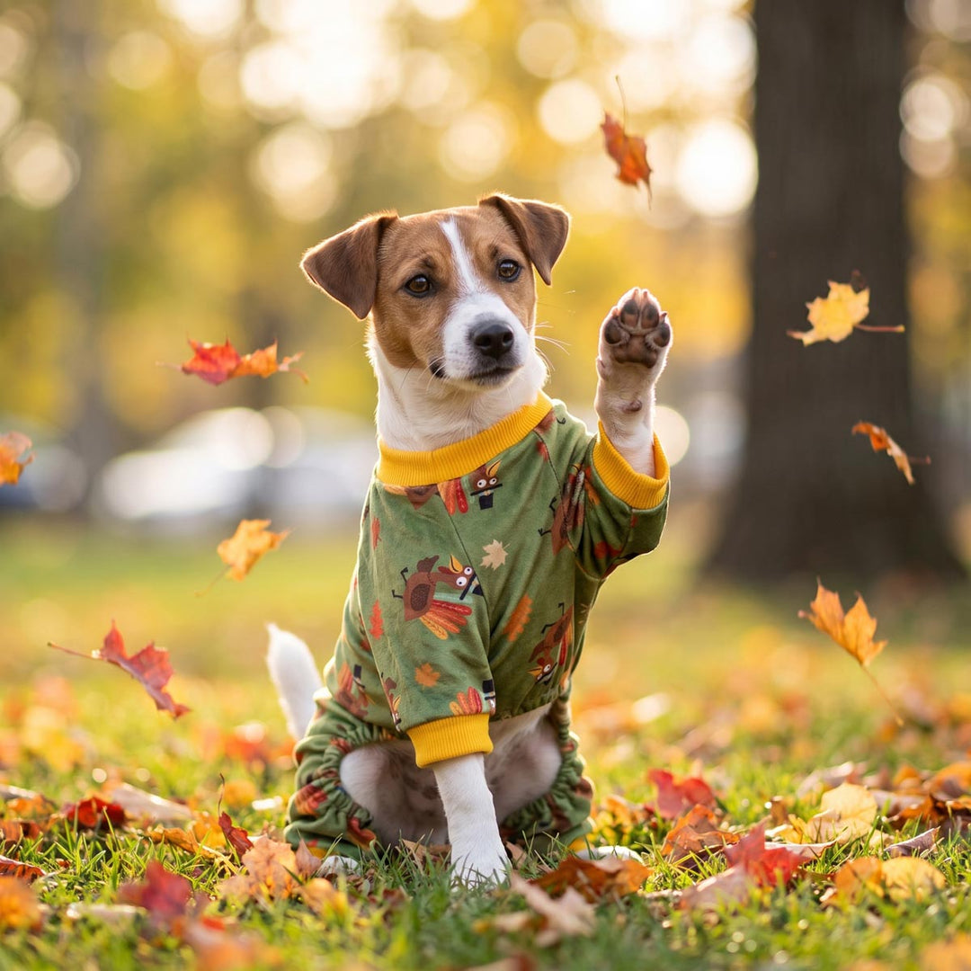 Small dog wearing a green dog onesie with a turkey and autumn leaf print sits on grass covered with fallen leaves