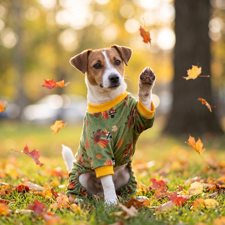 Small dog wearing a green dog onesie with a turkey and autumn leaf print sits on grass covered with fallen leaves