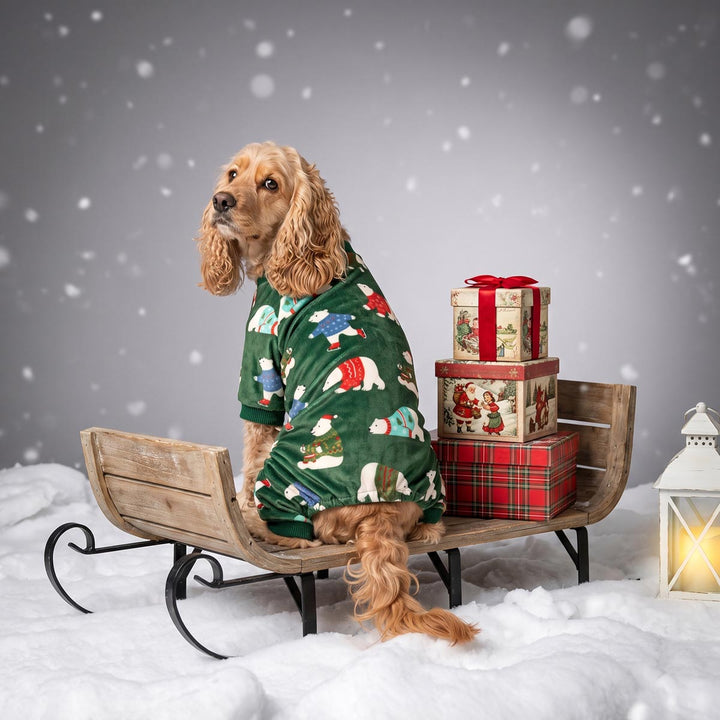 Curly haired dog sitting next to gift boxes with a festive dog onesie 