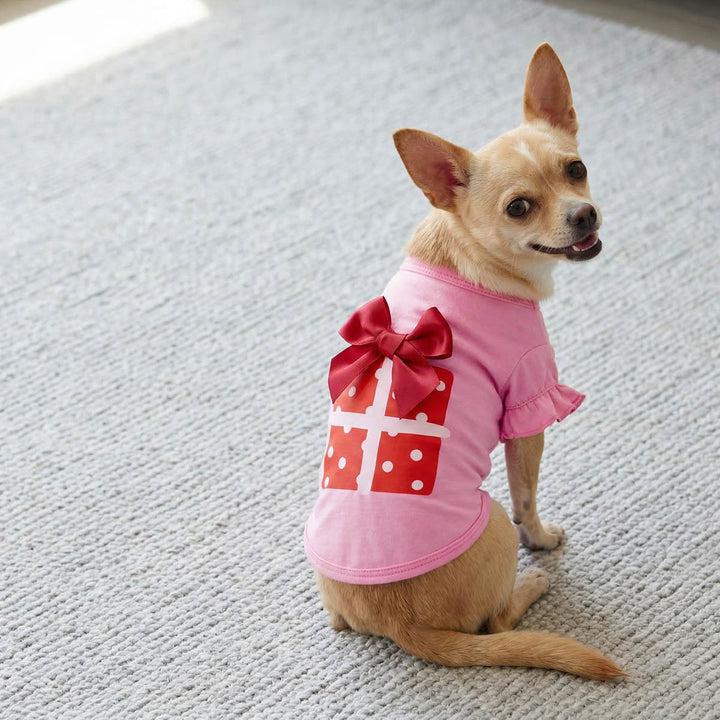 Pink dog birthday shirt with gift box print, red bow, ruffle sleeves.