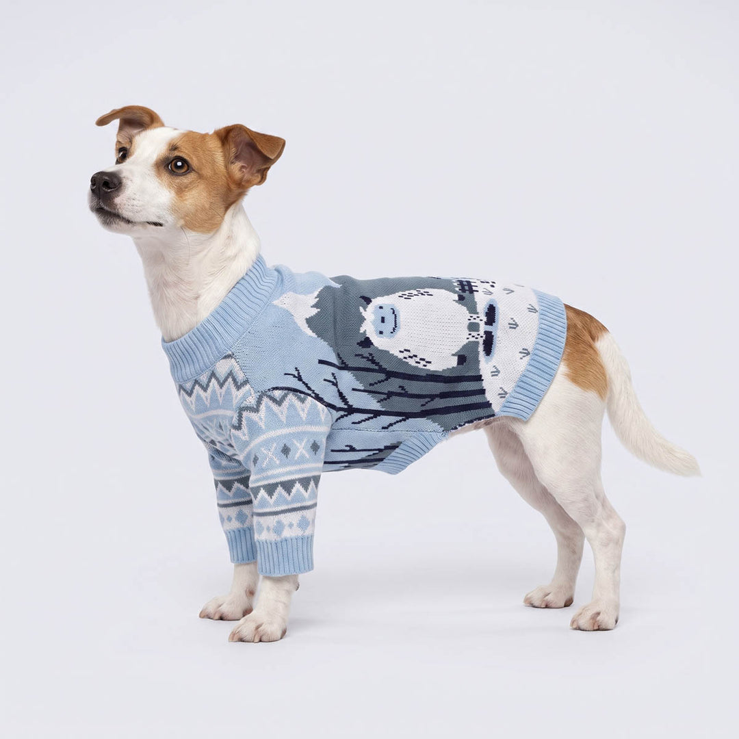 Jack Russell wearing a cozy dog knitted sweater with cute yeti print