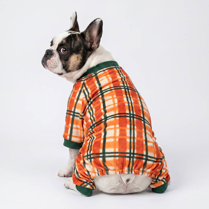 Back view fo French Bulldog wearing a cozy dog pjs with classic plaid prints