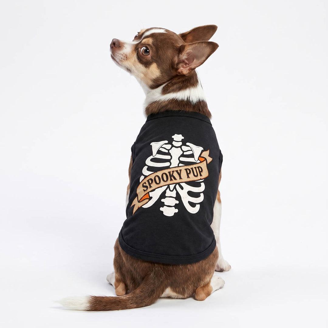 Back view of Chihuahua dog wearing a black pet shirt with a white skeleton rib cage graphic and a tan banner that reads 'SPOOKY PUP'