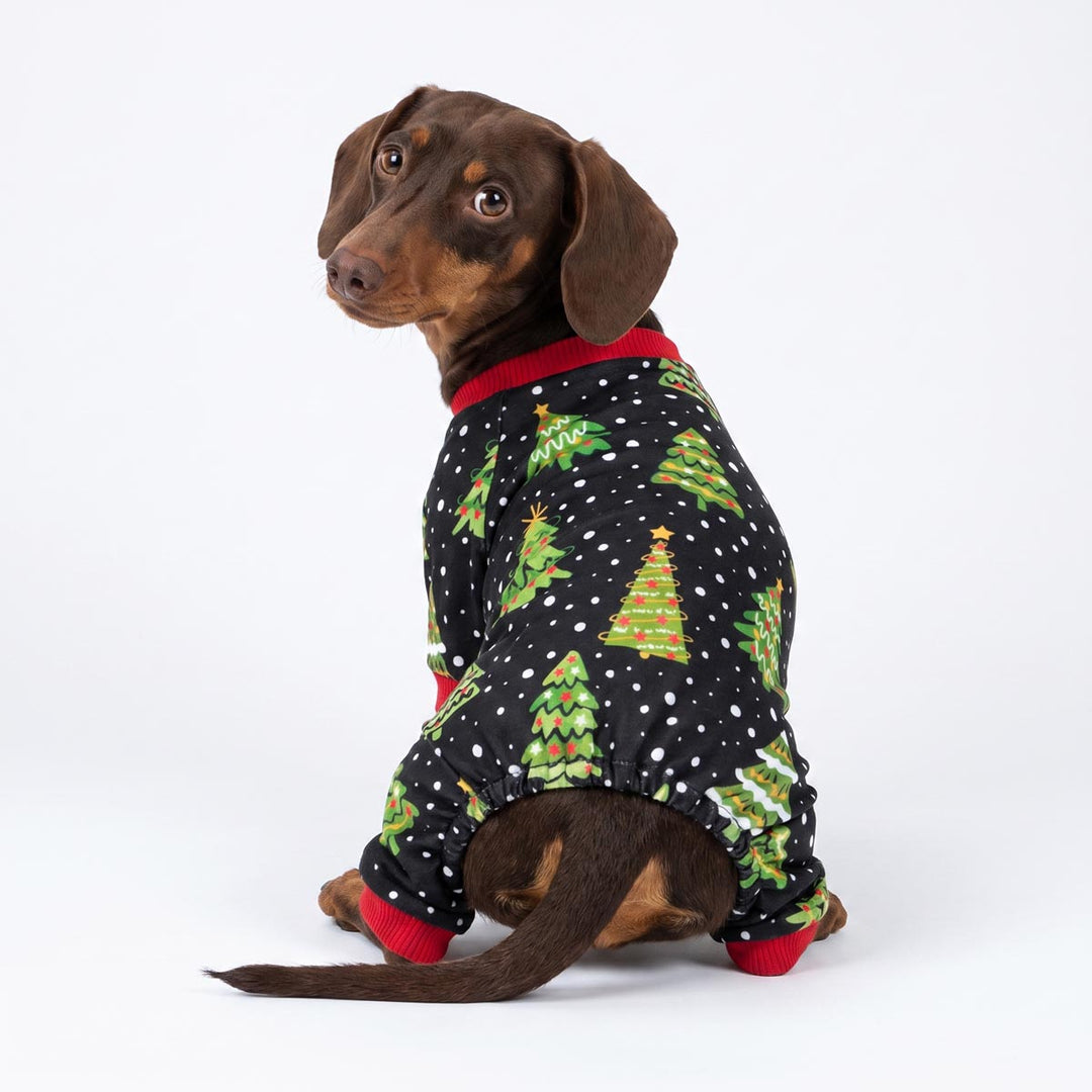Back view of Dachshund wearing a Christmas pajamas for dogs with snow and Christmas tree prints
