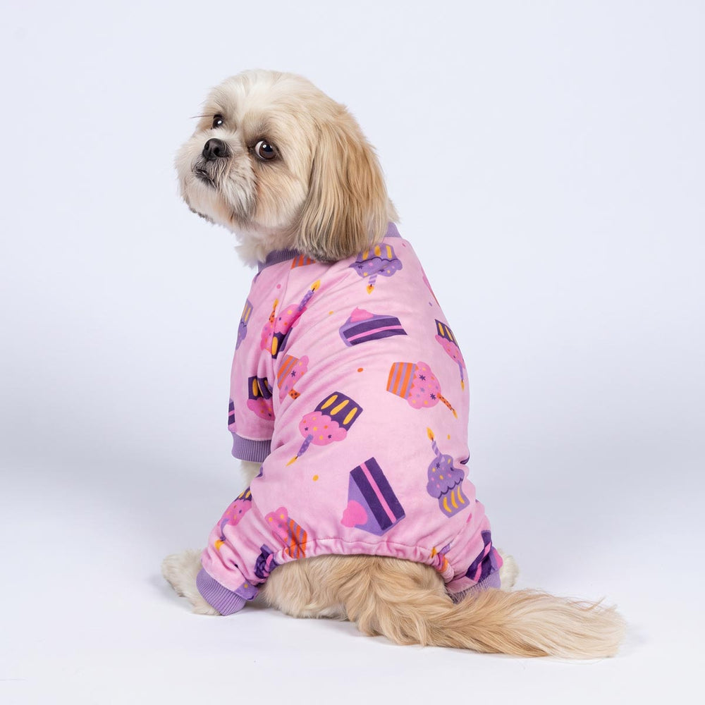 Back view of small dog wearing dog pjs with cake and candle on a white background